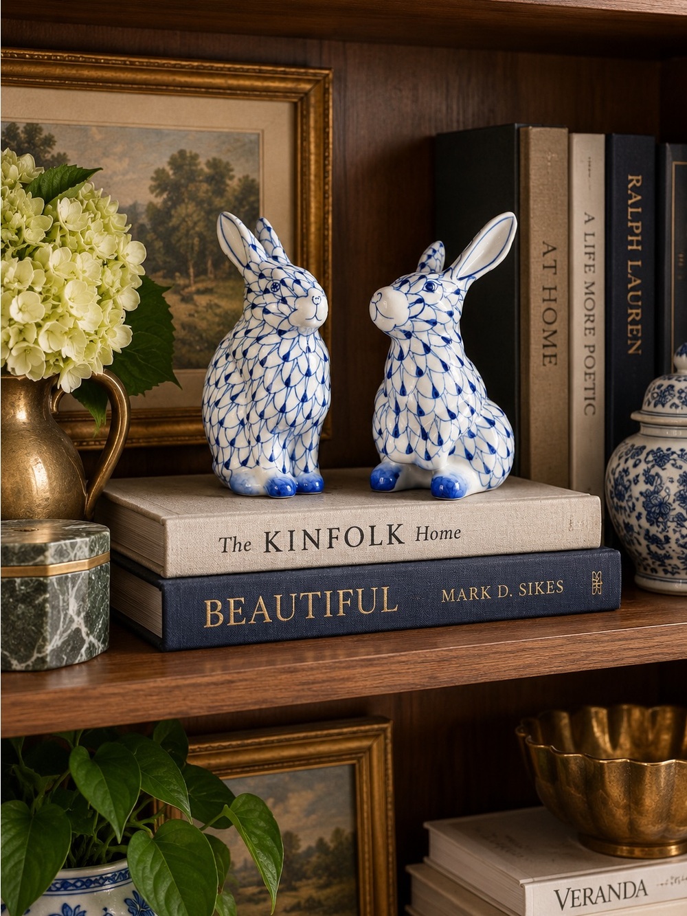 Andrea By Sadek Blue and White Ceramic Rabbit Pair Figurines